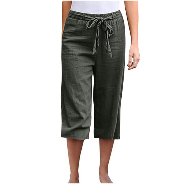 Dealovy Pantalon Capri pour Femmes en Coton et Lin, Grande Taille, Taille à Cordon, Léger, Pantalon Court