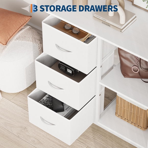 Contemporary 3 Drawer Fabric File Cabinet with Open Storage Shelves – Under Desk Organizer, Printer Stand, Durable Steel Frame, Multi-Purpose Storage for Bedroom or Living Room – White