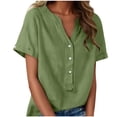 thumbnail image 1 of Floleo T-Shirt à Manches Courtes pour Femmes, Style Lin, Col en V, Boutons devant, Demi-Ouverture, Haut Vintage Classique, Respirant, Confortable, Extensible, Tissu Fin, Printemps Été Automne, Tenue Quotidienne (Vert, G), 1 of 8