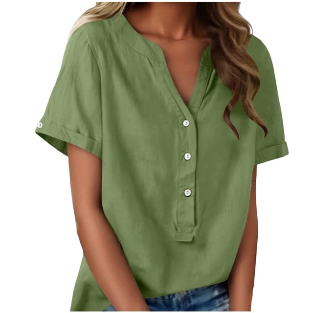 Floleo T-Shirt à Manches Courtes pour Femmes, Style Lin, Col en V, Boutons devant, Demi-Ouverture, Haut Vintage Classique, Respirant, Confortable, Extensible, Tissu Fin, Printemps Été Automne, Tenue Quotidienne (Vert, G)