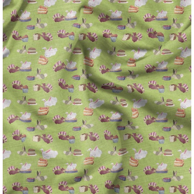 Soimoi Green Silk Fabric Rabbit Animal Print Fabric by Yard 42 Inch Wide
