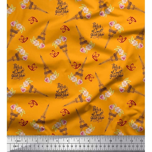 Soimoi Poly Georgette Fabric Text,Floral & Eiffel Tower Architectural Print Sewing Fabric Yard 52 Inch Wide