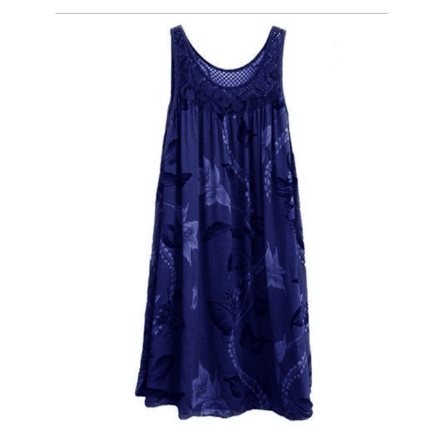 Bellella Robe Débardeur Femme Dentelle Patchwork Col Rond Robe d'Été Plissée Couture Couleur Bleu Foncé TG