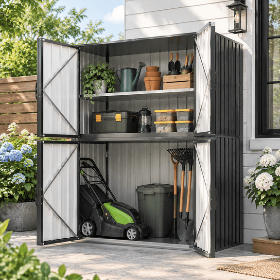 AECOJOY Armoire de Rangement Extérieure Étanche de 70 Pouces, avec Plancher et Tablettes Ajustables, 4 Portes Verrouillables, Métal Toutes Saisons, Gris Foncé
