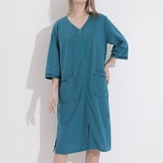 CFLVAEK Waffle Robes for Women Plus Size Zipper Front Duster Robes with Front Pockets Lightweight 3/4 Sleeve House Coat Solid Color Loungewear Green XXXL