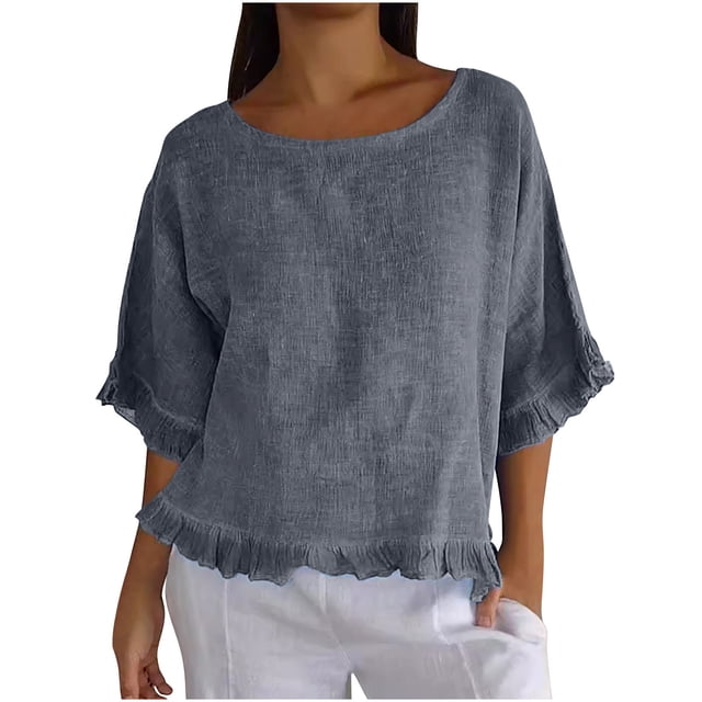 Plebaso Women's Cotton Linen T-Shirts Ruffle Sleeve Crew Neck Tee Shirts Solid Color Lightweight Tees Tops