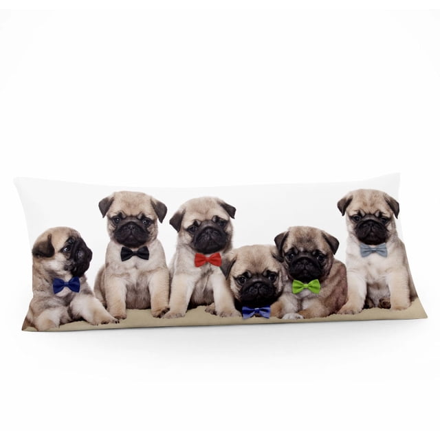Mainstays Printed Body Pillow Case featuring six pug puppies sitting in a row on a beige surface, each wearing a different colored bow tie in blue, black, red, green, and gray, printed on super soft microfiber fabric, suitable for bedding and pillowcases.