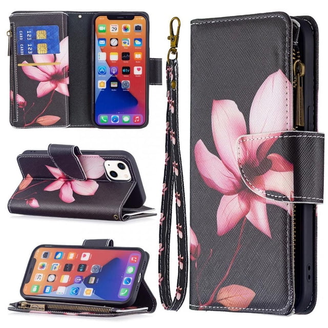 Compatible with 13 Detachable Magnet Zipper Wallet Leather Case Cash Pocket with Multiple Card Slots Holder Wrist Strap Removable Cover