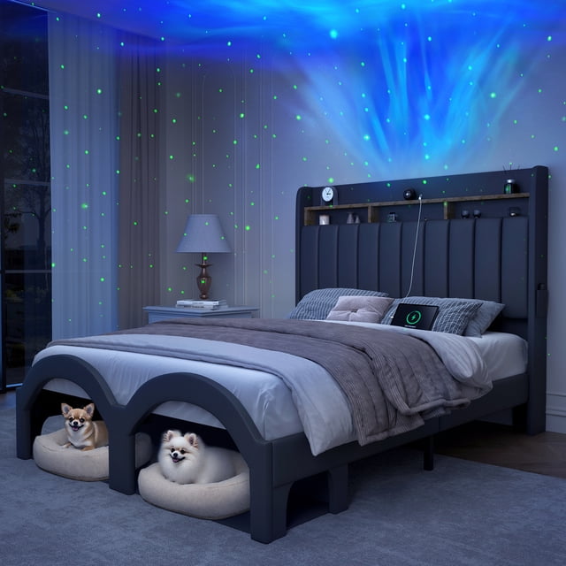 SIBEDS Bed Frame with Storage Drawers and Galaxy Star Projector PU Upholstered Black Headboard, Queen. This modern bed frame features a black PU upholstered headboard with built-in storage shelves and USB charging ports. The arched base includes a pet nook, ideal for small pets, and the frame incorporates storage drawers for added organization. A galaxy star projector syncs with music, creating a relaxing ambiance. The sturdy metal and wood construction ensures durability and noise reduction. Mattress not included.