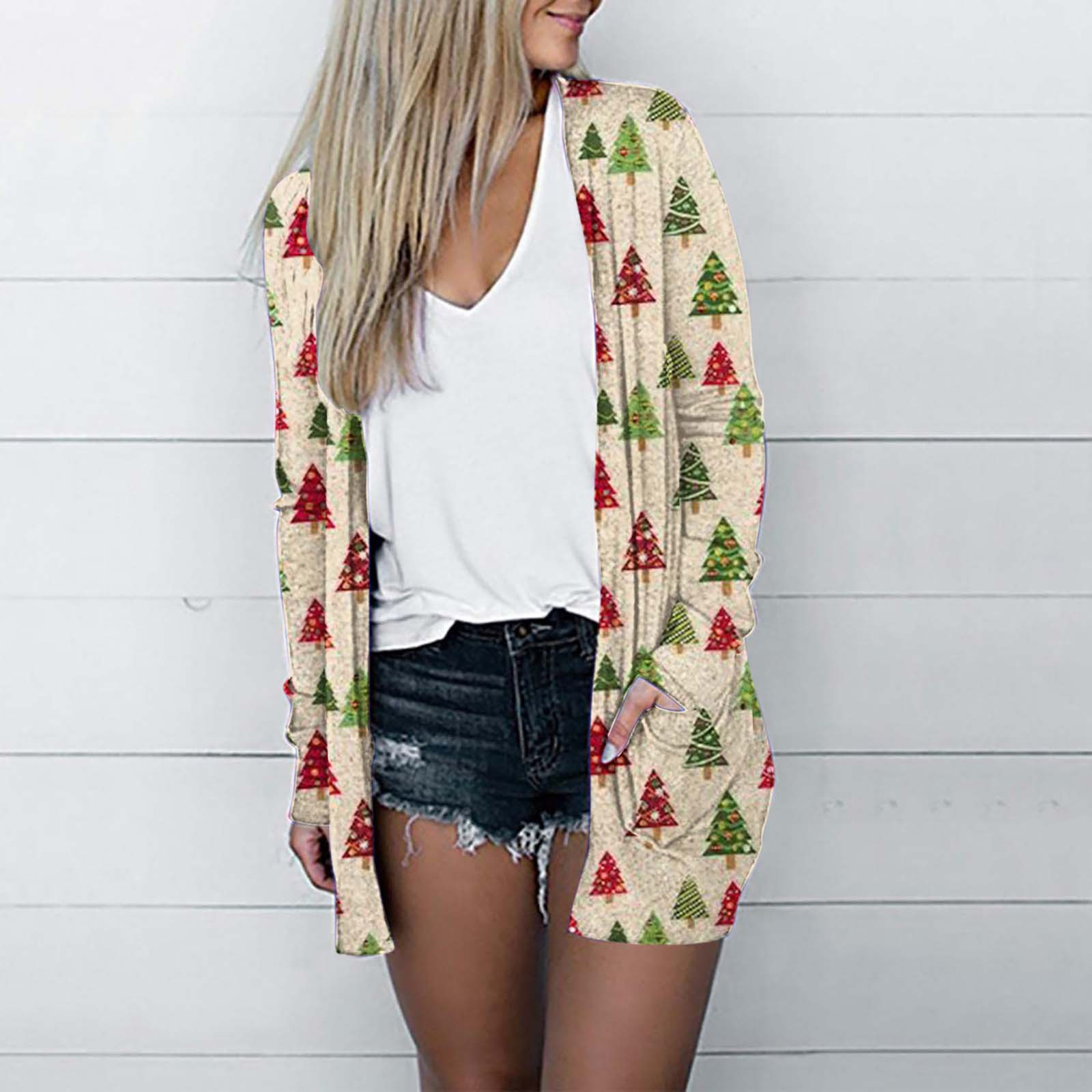 Cardigans pour Femmes Mode Imprimé de Noël Cardigan Ample à Manches Longues Manteau d'Automne Blouse en Liquidation