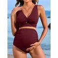 thumbnail image 3 of Charmo V Neck Maternity Swimsuits Ribbed Twist Front Bikini Sets High Waist Pregnancy Bathing Suits for Womens, 3 of 6