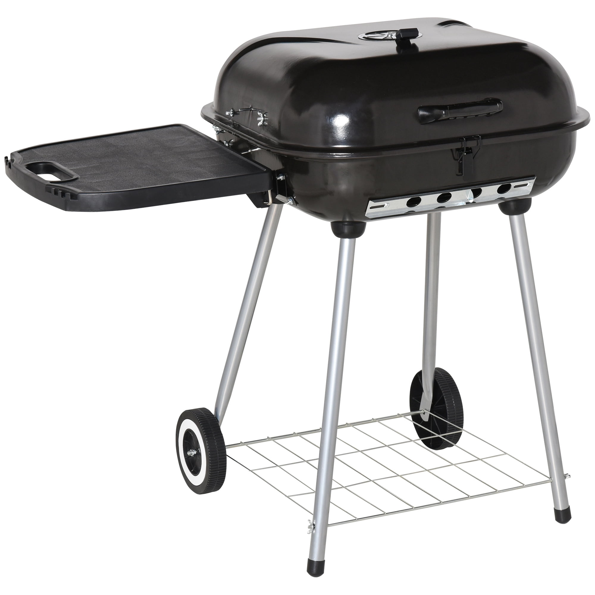 Outsunny Charcoal BBQ Grill with Warming Rack & Storage Side Table, Portable Barbecue Smoker with Lid, Heat Control, Wheels for Outdoor Cooking Camping Picnic, Black