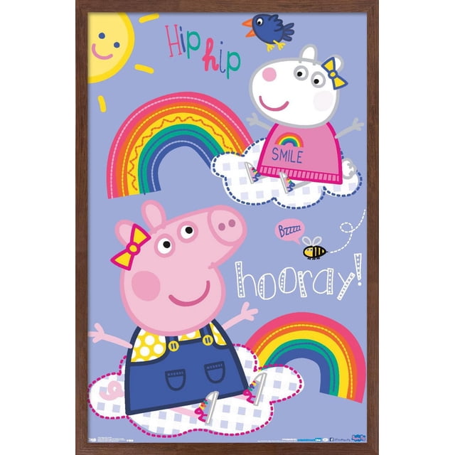 Peppa Pig - Hooray Wall Poster, 22.375" x 34" featuring Peppa Pig and Suzy Sheep sitting on white checkered clouds with colorful rainbows, a smiling sun, a blue bird, and a buzzing bee on a light purple background, with playful text 'Hip hip hooray!' suitable for kids' room wall decor.