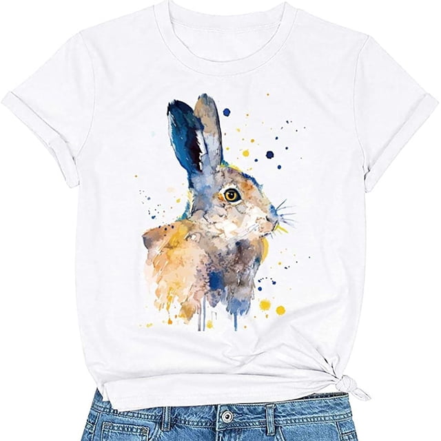 EGNMCR T-Shirt de Pâques pour Femmes T-Shirts de Pâques Imprimé de Pâques pour Femmes Motif Imprimé Lapin de Pâques Manches Courtes Col Rond T-Shirt Ample T-Shirt pour Femmes