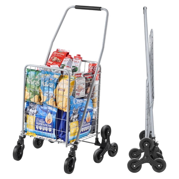 KFFKFF Grocery Shopping Cart, 45L Stair Climbing Shopping Cart with 360° Rolling Swivel Wheels, Stair Climber Utility Cart with Tri-Wheels, Foldable Collapsible & Lightweight