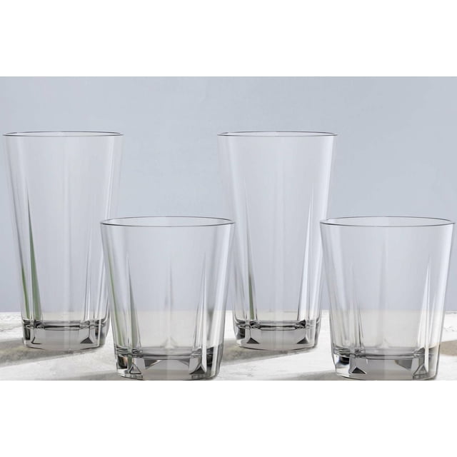 Libbey Endure 12 Piece Mixed set with clear lead-free drinking glasses featuring geometric facets for light refraction, including six 12 oz lowball and six 16 oz cooler glasses, arranged on a light surface with a neutral background, ideal for home dining and casual entertaining, also suitable for serving cocktails or mixed drinks.