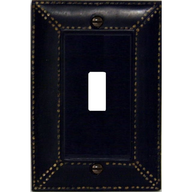 Atron Electro Industries Leather Look Black Toggle Wall Plate featuring a black resin surface with leather texture and gold-tone stud accents along beveled edges, designed for toggle switches and mounted with two screws, ideal for stylish home electrical upgrades.