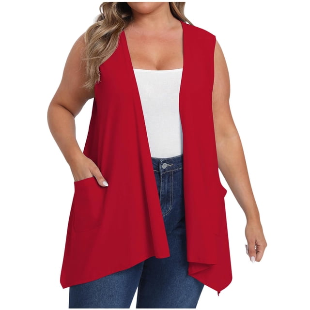 Plus Size Women Sleeveless Cardigan Open Front Lightweight Coat Draped Solid Color Long Vests with Pockets Oversized Cardigan Sweaters for Lady L