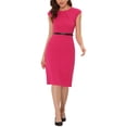 thumbnail image 2 of INSPIRE CHIC Robe de Bureau Élégante pour Femme à Col Rond, Manches Cap, Ceinturée, Robe Fourreau de Travail Rose Vif TP, 2 of 5