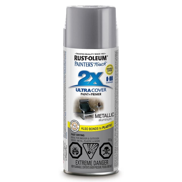 Painter's Touch 2X Ultra Cover Spray Paint in metallic aluminum with gray cap, featuring double cover technology, fast drying, and any-angle spray tip for smooth, durable finish on wood, metal, plastic, and more.