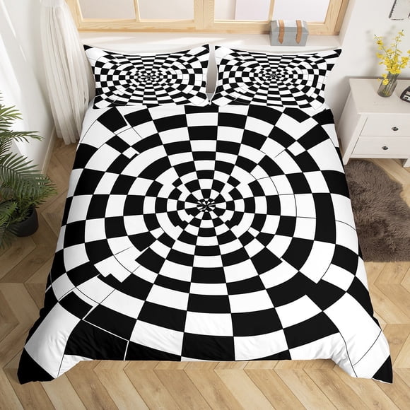 Op Art Bedding Set Queen,Black White Grid Comforter Cover for Boys Girls Kids Geometric Grid Duvet Cover Visual Geometry Bedspread Cover Fashion Funny Abstract Bedroom Decor Aesthetic, Zipper