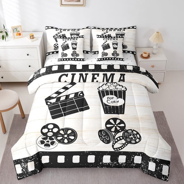 YST 7Pcs Movie Theater Comforter Set, Cinema Ticket Filmstrip Popcorn, Polyester, Twin Size (7 Count)