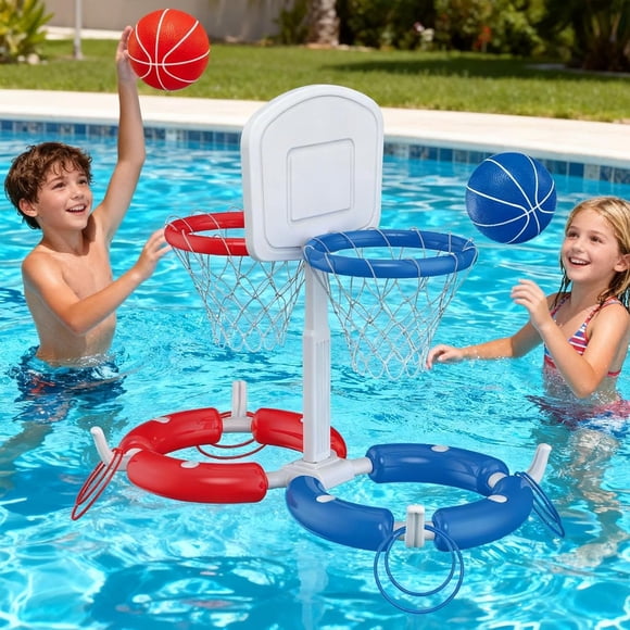 Panier de Basketball à Double Piscine avec Panneau Arrière pour Garçons Filles Jouets de Piscine Flottants 2-en-1 Anneau Jeu 4 Balles 8 Anneaux et Pompe Jeux de Basketball de Piscine Extérieure Jeux d'Eau Jouet d'Été pour Adultes et Famille