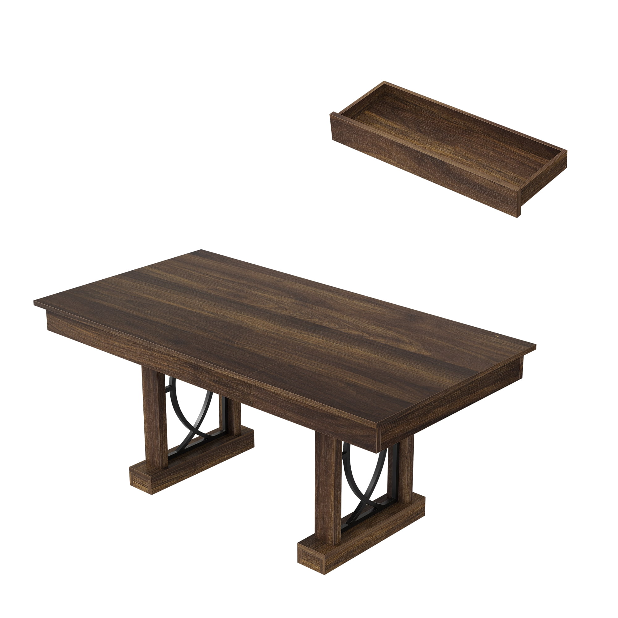 71 Inch Dining Table Dual Drawers Walnut Seats 6-8 Steel Reinforced MDF ...