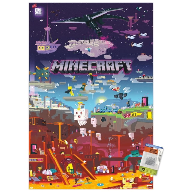 Minecraft - World Beyond Wall Poster, 22.375" x 34" showing pixel art of Minecraft characters and mobs including the Ender Dragon, ghasts, and skeletons on floating islands and Nether lava biome, printed on glossy poster paper suitable for wall art and room decor.