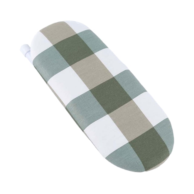 Mini Ironing Board Space Saving with Iron Board Cover Auxiliary Tool featuring a square texture design. The compact, foldable ironing board measures 26cm x 11cm x 2cm (10.24in x 4.33in x 0.79in) and is ideal for small spaces like dorms, apartments, and sewing rooms. The board is covered with a green, beige, and white checkered fabric, offering a durable and washable surface suitable for ironing small items such as sleeves, cuffs, and collars.