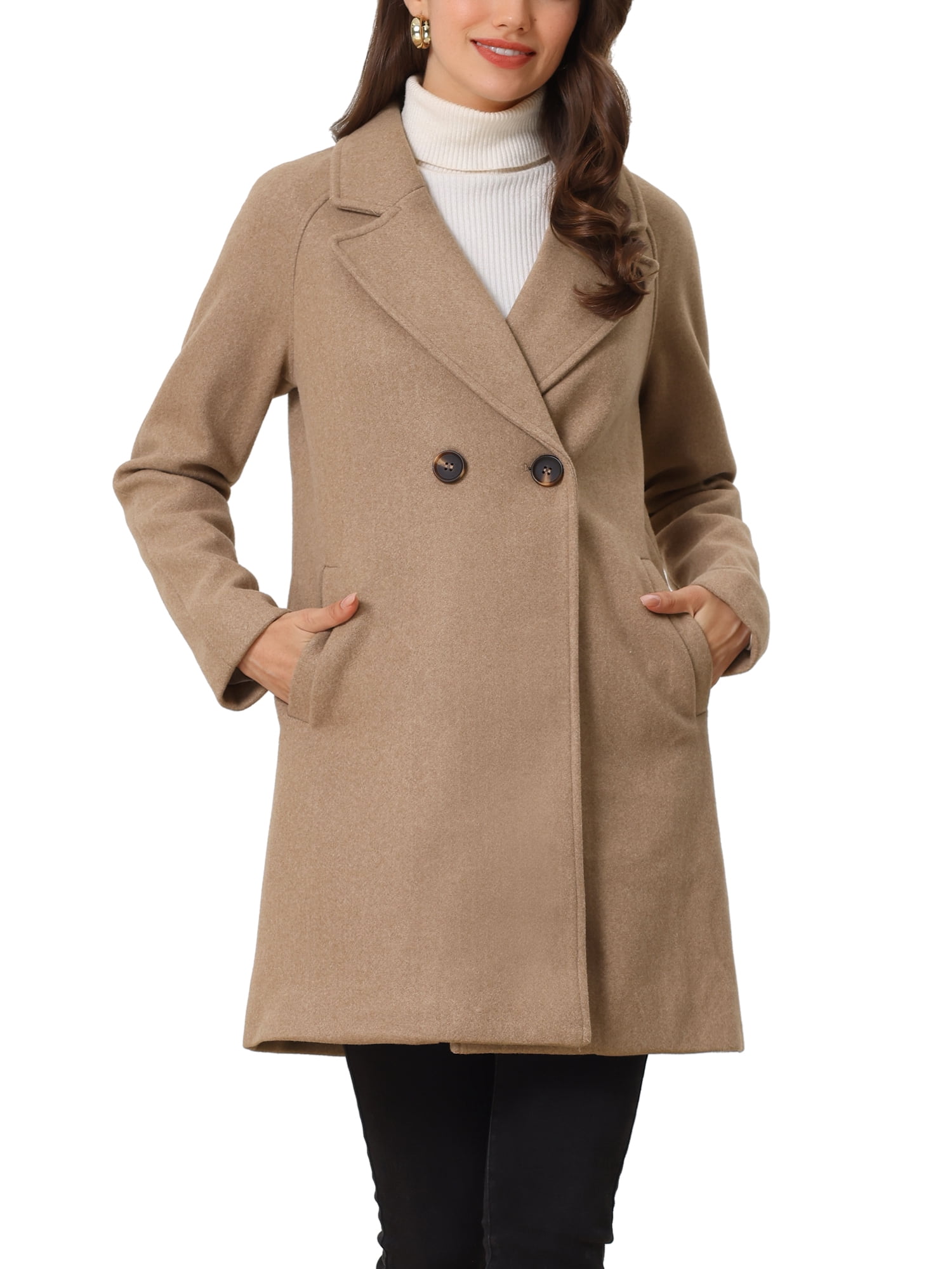 INSPIRE CHIC Women's Double Breasted Lapel Raglan Long Sleeve Mid Length Overcoat L Dark Khaki
