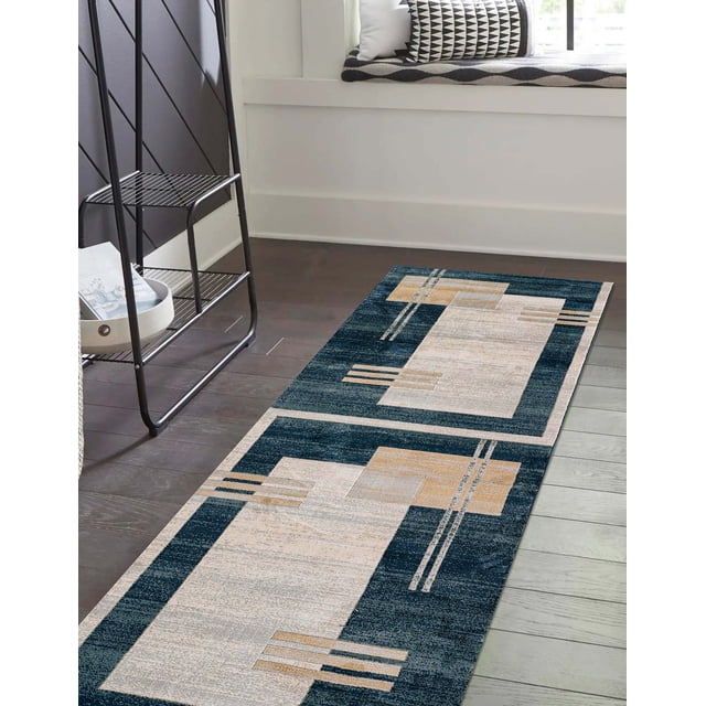 ECARPET Sorelle Contemporary Runner Rug with a geometric pattern in dusty pink, cream, and blue on a dense machine-made pile, placed on dark hardwood flooring near a black metal shelf and a window seat with patterned cushions, ideal for hallways and entrances.