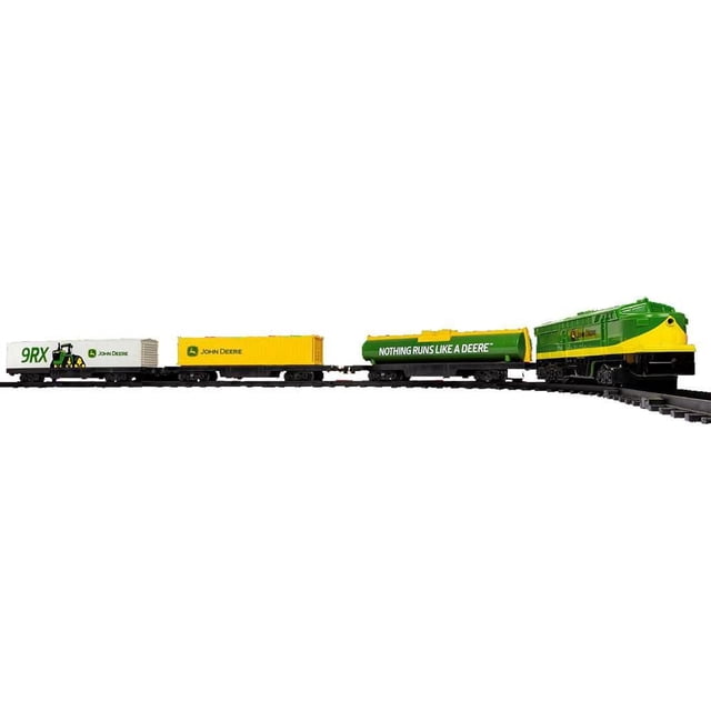 Lionel John Deere Ensemble de Mini Train Diesel à Batterie avec un Moteur Diesel Vert et Jaune avec un Phare Fonctionnel et un Commutateur à 3 Positions, Tirant Trois Voitures : un Conteneur 9RX Blanc, un Conteneur John Deere Jaune, et un Camion-Citerne Vert Étiqueté « Rien Ne Fonctionne comme un Cerf » sur une Voie Courbée Noire, Idéal pour Enseigner aux Enfants le transport d'Équipement Agricole.
