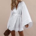 thumbnail image 2 of V-Neck Kimono Cardigan Mini Dress: Cotton Linen, Long Sleeve, Lace Up Robe Style for Summer - L / Green, 2 of 6