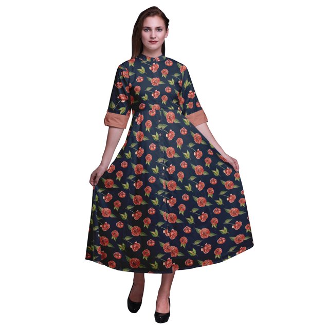 Bimba Robe Chemise à Imprimé Floral à Boutons, Col Mandarin, Manches Retroussables - X-Grand