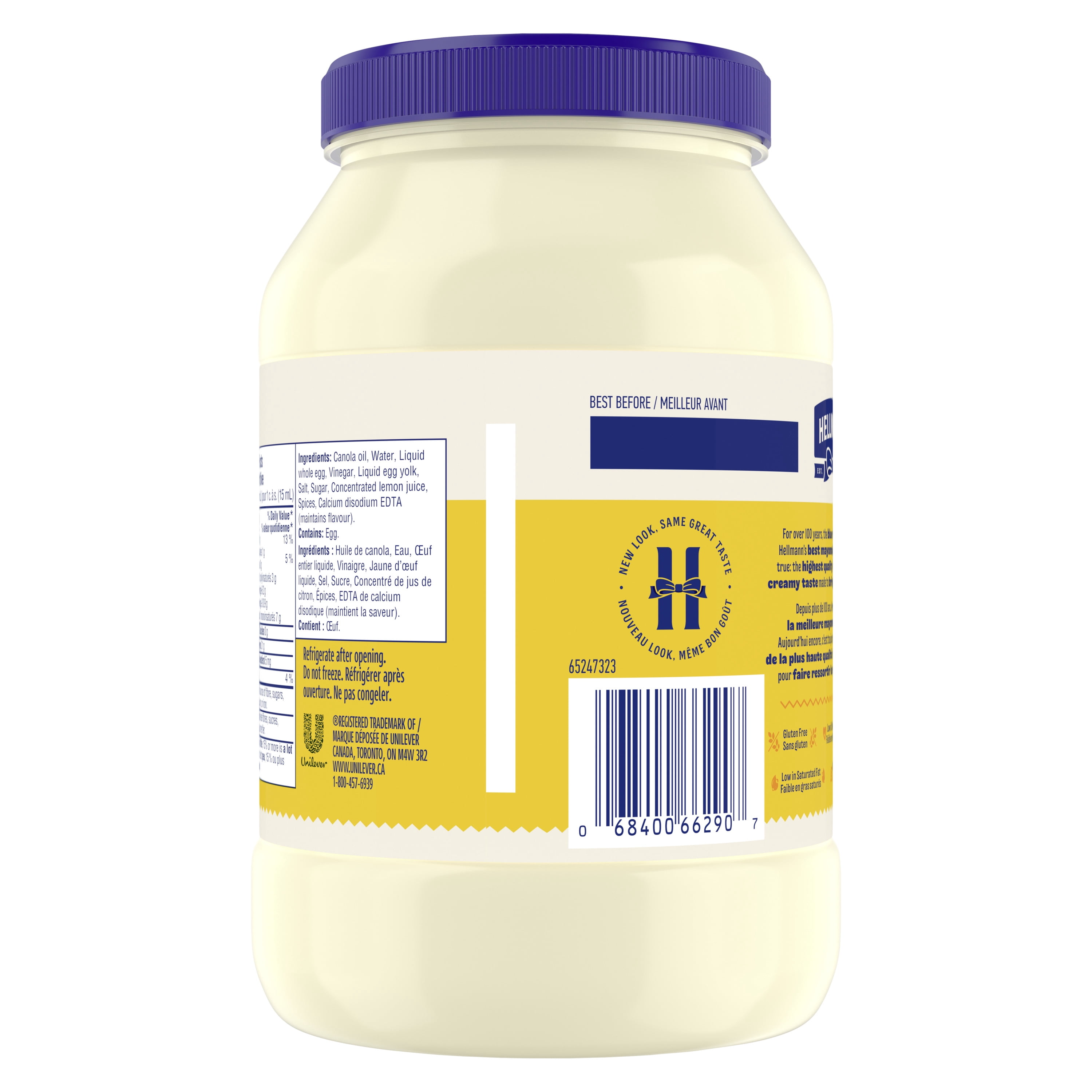 Hellmann’s Real Mayonnaise, Gluten‑Free and Kosher, Made with Canadian Free‑Run Eggs and Canola Oil, 1.42L Jar
