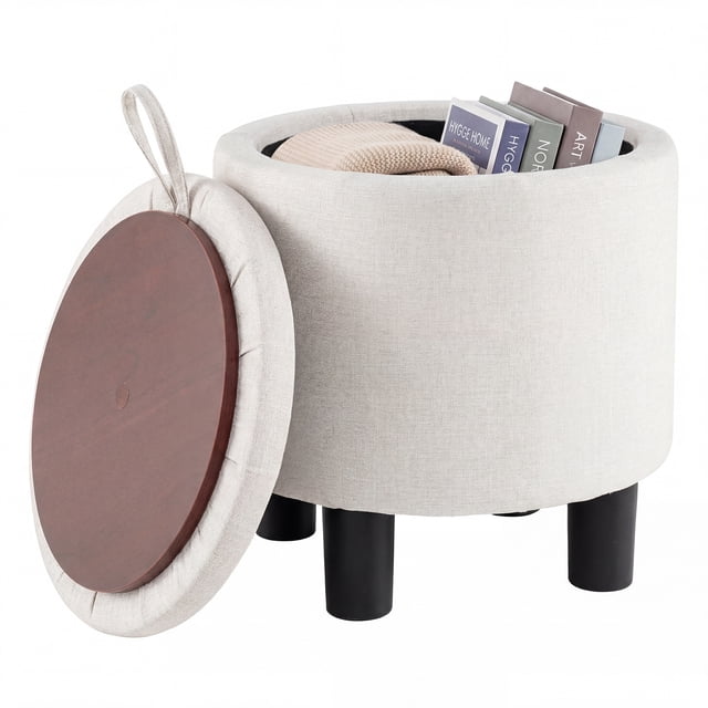 Gymax Pouf Rond de Rangement en Tissu de Lin, Repose-Pieds Rembourré avec Couvercle Amovible, Beige