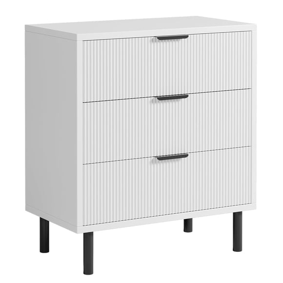 QinaQin Wave Fluted 3 Drawer Dresser Tall Wood Nightstand with Storage and Metal Legs 28 inch Wide Chest of Drawers Anti Tipping Device White for Bedroom Hallway or Entryway (Small Spaces)