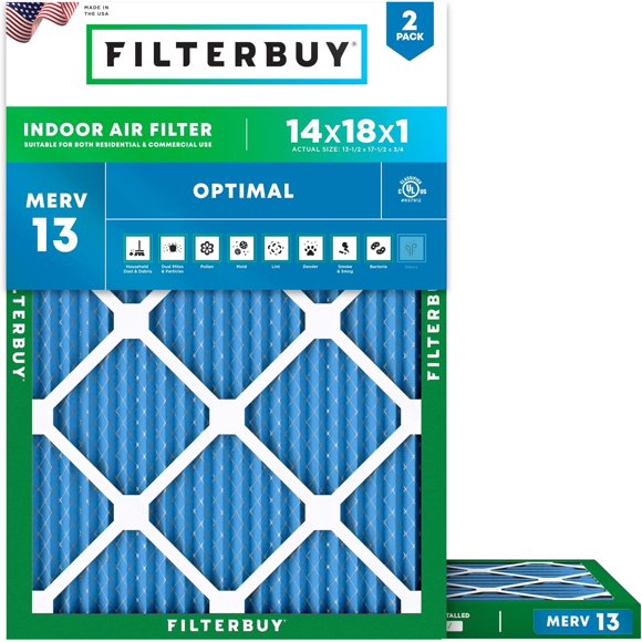 Filterbuy 14x18x1 MERV 13 (MPR 1900) Health Defense, Pleated HVAC AC Furnace Air Filters (2-Pack)