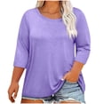 thumbnail image 3 of DDAPJ pyju T-shirts pour Femmes Grande Taille Amples Décontractés à Manches 3/4 Col Ras du Cou T-shirts Légers à Enfiler T-shirts Unis Basiques Ventes à Durée Limitée Violet G, 3 of 5