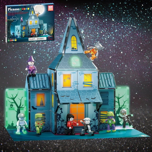 PicassoTiles Thème de Maison Hantée Aimant Tile Blocs de Construction 8 Figurines d'Action Jouet de Construction Magnétique Impression Double Face Éducation Apprentissage STIM