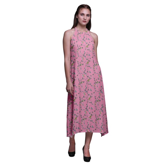 Bimba Bird Causal Long Backless Halter NeckDressWomen Printed BeachDress-Small