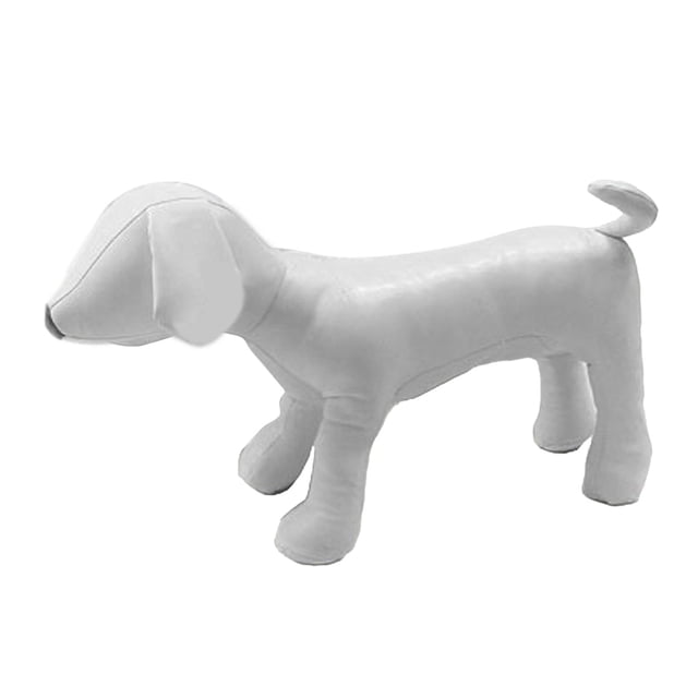1PC Dog Mannequin Standing Pose Model for shop display apparel clothing in white, size M. Made of high-quality PU leather, this dog model is designed for showcasing pet clothing, collars, hats, and more. The mannequin features a flexible structure, allowing it to be posed in standing, sitting, or lying positions. Ideal for displaying dog coats, jackets, sweaters, and vests in retail or home settings.