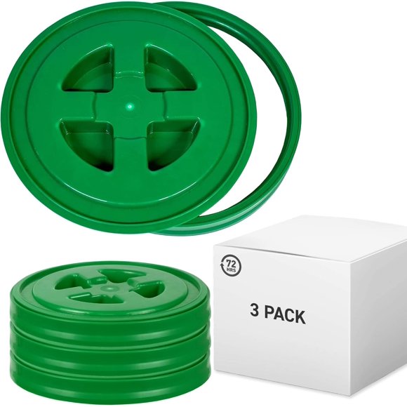 72HRS Ready Seal Lid, Premium Gamma Seal, Airtight, Leakproof, BPA-Free, High-Density Polypropylene, Fits 3.5-7 Gallon Buckets, 12" Diameter, Green, Pack of 3.