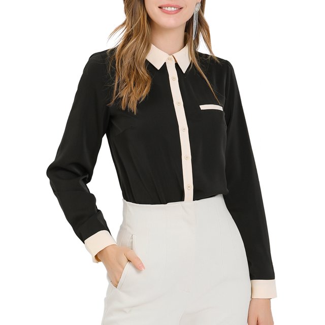 INSPIRE CHIC Women's Color Block Button Down Long Sleeve Work Shirt XS Black