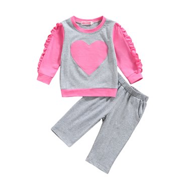Xingqing Toddler Baby Girl Clothes Fall Outfits Heart Long Sleeve Pullover Top Sweatpants 2Pcs Outfits Rose Red 1-2 Years