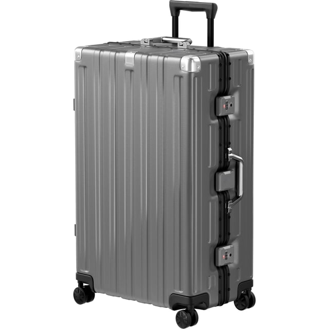 Valise à Cadre en Aluminium pour Bagage Enregistré avec Roues, Coque Rigide en PC ABS Sans Fermeture Éclair avec Cadenas TSA, Vue Orientée vers l'Avant de 28 Pouces d'Une Valise Rigide de 28 Pouces en PC+ABS Gris avec Cadre en Aluminium Renforcé, Cadenas Sans Fermeture Éclair Approuvé TSA, Poignée Télescopique à Trois Niveaux, Crochets Latéraux et avant, Roues Doubles Pivotantes à 360° et Intérieur visible à Multiples Poches; Souvent Utilisé comme Étui d'Équipement Organisé pour Accessoires d'Appareil Photo Lors des Voyages.