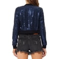 thumbnail image 3 of INSPIRE CHIC Blouson Bomber Court Métallisé à Manches Longues à Col Montant avec Fermeture Éclair pour Femme G Bleu Foncé, 3 of 6