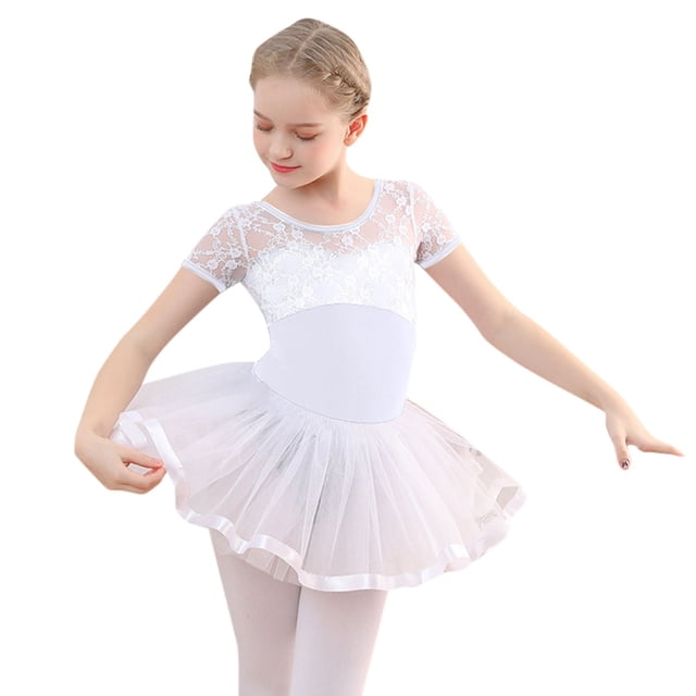 Sunnyoo Robe de Danse Ballet en Dentelle à Manches Courtes pour Fillette, Justaucorps avec Jupe Tutu Amovible