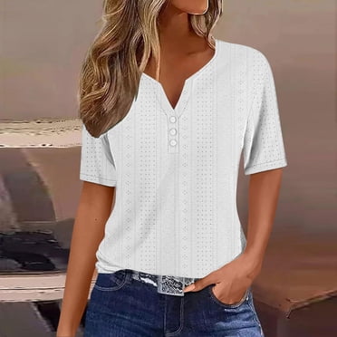 Blouses for Women Womens V-neck Button Solid Color Short Sleeve T-Shirt Loose Top